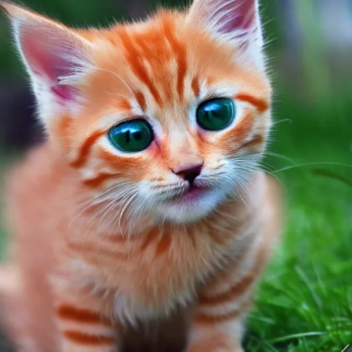 Prompt: cute fluffy orange tabby kitten, grass, perfect eyes
