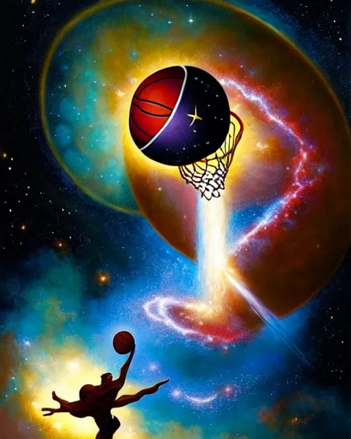 Image similar to cosmic basketball player dunking a basketball hoop in a nebula, an oil painting, by ( leonardo da vinci ) and greg rutkowski and rafal olbinski and ross tran, award - winning magazine cover