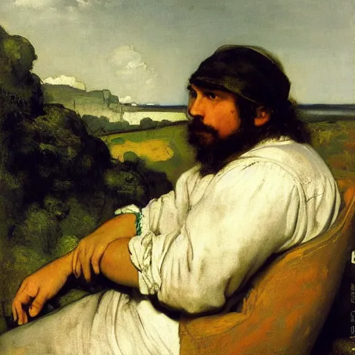 Image similar to a painter sits pensively selling his paintings. created by gustave courbet.