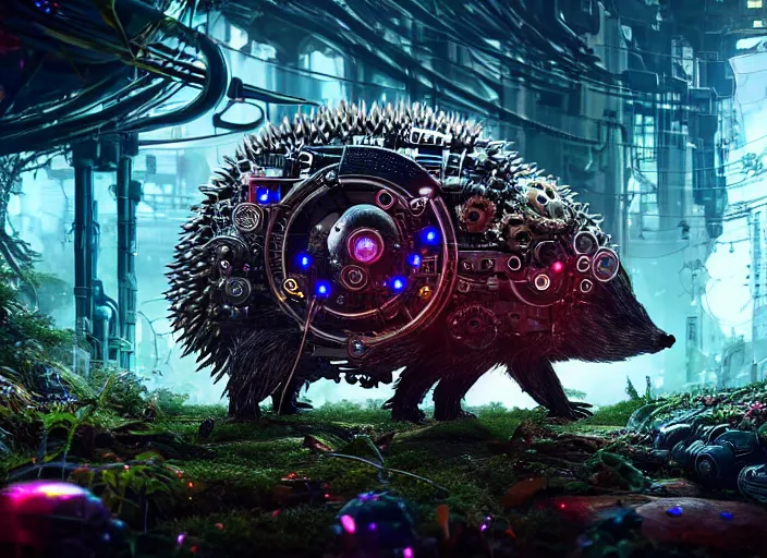 Prompt: giant intricate mechanical hedgehog with cybernetic enhancements and visible gears, on the background of a weird magical mechanical forest. Very detailed 8k. Fantasy cyberpunk horror. Sharp. Cinematic post-processing. Unreal engine. Nanite. Ray tracing. Parallax. Tessellation