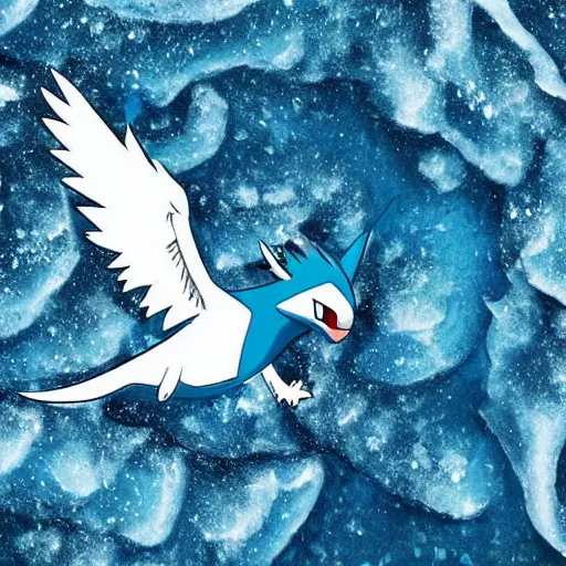 Image similar to Pokemon Articuno flying above a frozen lake. High quality.