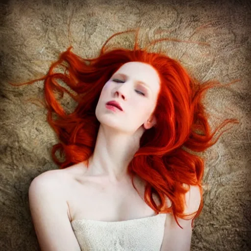 Prompt: redhead queen dreaming of her man, photograph,