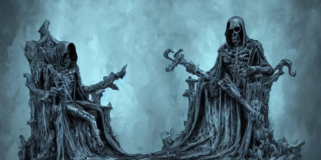 Image similar to Grim reaper sitting on a throne made of skulls, wide shot, digital art, fantasy, concept art, highly detailed, dark colors, blue tint,