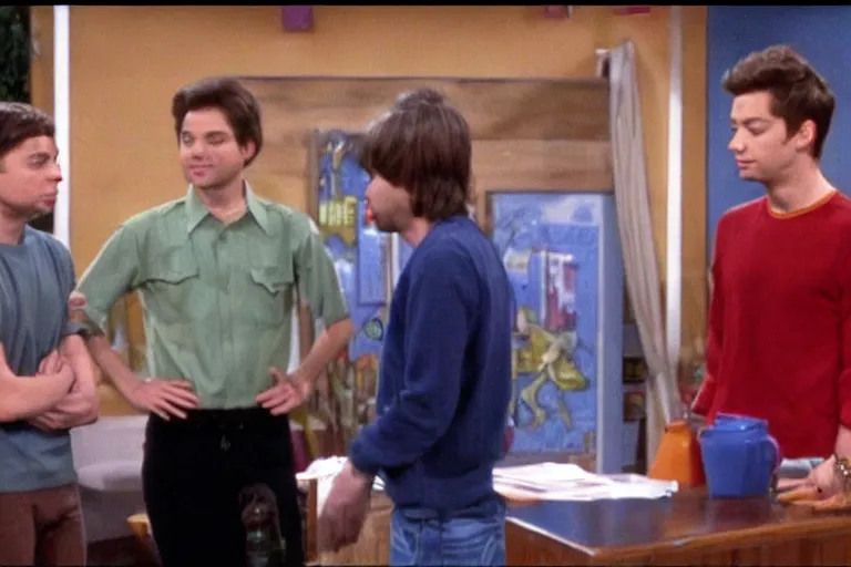 Image similar to topher grace in that 7 0 s show meeting tobey maguire and eminem, screencap, 4 k