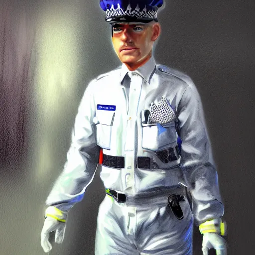 Prompt: A British police officer wearing rubber gloves, highly detailed, ambient lighting, trending on art station