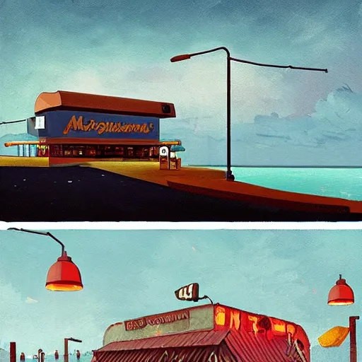 Image similar to mcdonald's restaurant by the beach by simon stalenhag