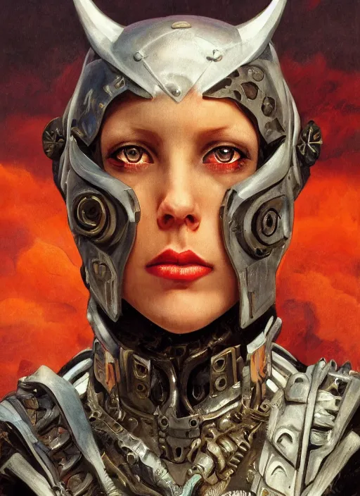 Prompt: symmetry! closeup middle biblical diabolical pirate cyborg girl! stylish armor, heavy eyes to the side, closeup, bright glowing eyes, in clouds, rain, sunset, portrait, by gerald brom, by mikhail vrubel, by peter elson, muted colors, extreme detail, mirrors, trending on artstation, 8 k