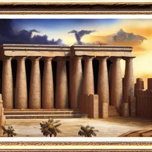 Image similar to a beautiful and realistic matte painting of the Temple of Herod aflame