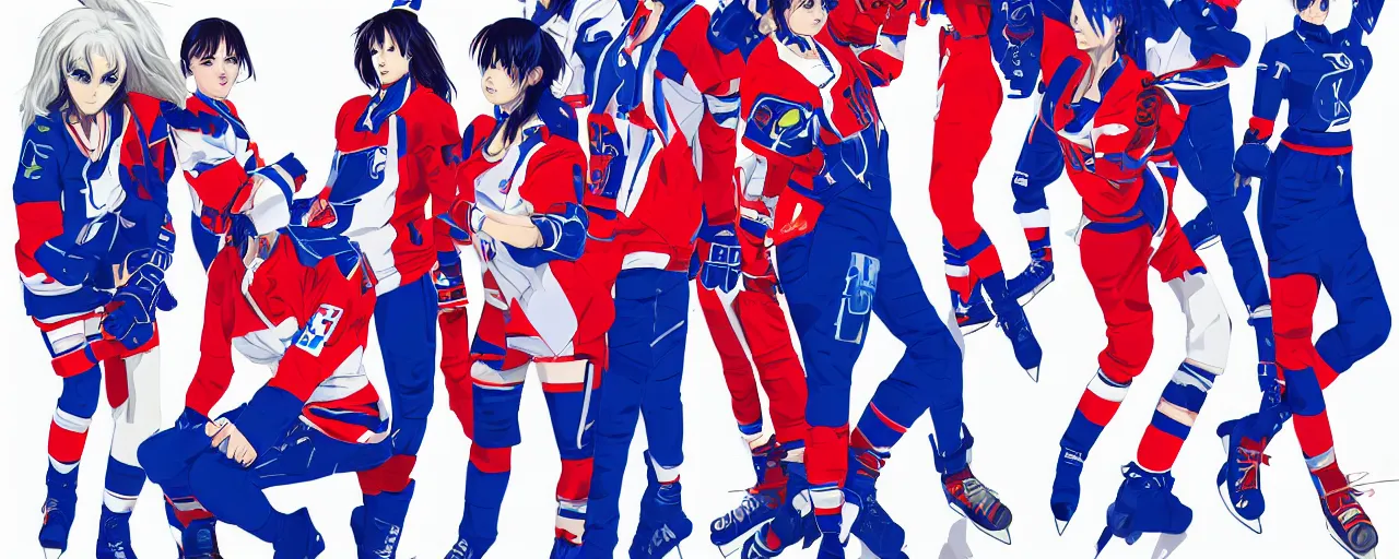 Image similar to females akira anime cyberpunk super star ice hockey players, wearing a light futuristic habs jersey, blue white and red color blocking, character concept exploration, outfit designs, trending on artstation, photorealistic, 8k