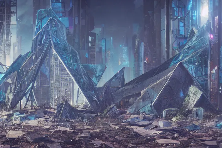 Prompt: a triangular portal structure made from crystals in the centre of an abandoned overgrown cyberpunk city, matte painting, unusual composition