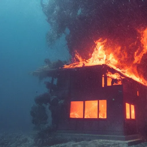 Image similar to photo of a burning house underwater, cinematic