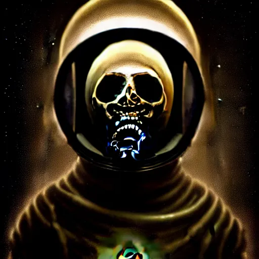 Image similar to full-body dark creepy baroque style oil painting realism a decapitated astronaut with futuristic elements. he welcomes you under with no head, empty helmet inside is occult mystical symbolism headless full-length view. standing on ancient altar eldritch energies lighting forming around disturbing frightening intricate renaissance, award winning digital illustration hyper realism, 8k, depth of field, 3D