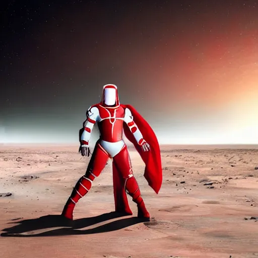 Image similar to tall muscular infantry man in glossy sleek white armor with a few red details and a long red cape, heroic posture, on the surface of mars, night time, dramatic lighting, cinematic, sci-fi, hyperrealistic, movie still