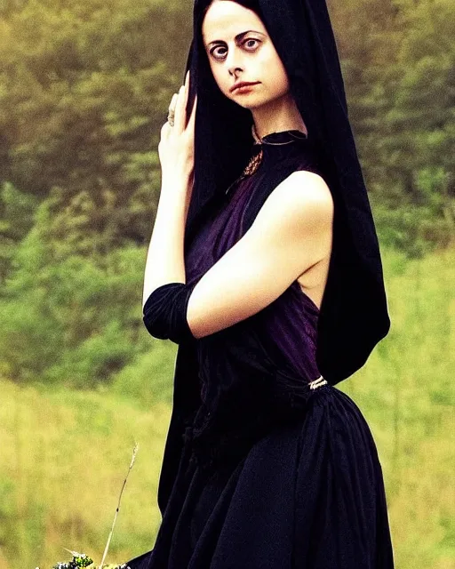 Image similar to style of edmund leighton : : gorgeous willa holland : : evil witch, swirling black magic, black dress : : symmetrical face, symmetrical eyes : : full body pose : : gorgeous black hair : : magic lighting, low spacial lighting : :