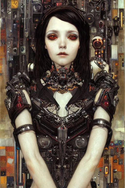 Prompt: portrait of beautiful young gothic maiden, cyberpunk, Warhammer, highly detailed, artstation, illustration, art by Gustav Klimt and Range Murata