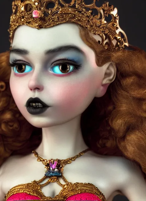 Image similar to closeup face profile portrait of a tin toy fairytale goth princess wearing a crown eating cakes, bikini, depth of field, zeiss lens, detailed, symmetrical, centered, fashion photoshoot, by nicoletta ceccoli, mark ryden, lostfish, breathtaking, 8 k resolution, extremely detailed, beautiful, establishing shot, artistic, hyperrealistic, octane render