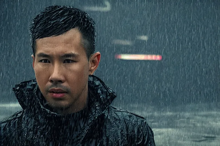 Prompt: a still from bladerunner 2 0 4 9 depicting a long shot photograph of a handsome asian man wearing wet weather gear. he stares intently into the camera with a worried expression. behind him is a futuristic oil rig in the deep ocean. sci fi, futuristic, cinematic, low light, soft focus.