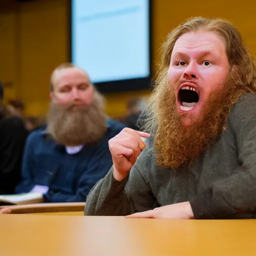 Prompt: Norwegian viking in a university lecture, questioning his own sanity, realistic