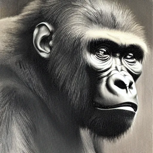 Image similar to highley detailed potrait of a gorilla, painting by gaston bussiere, craig mullins, j. c. leyendecker, lights, art by ernst haeckel, john william godward, hammershøi,