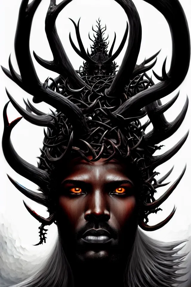 Image similar to a striking portrait of an eldritch black god king with black antlers and a burning horned crown on his head by moebius and ross tran and artgerm, trending on artstation, digital art, 4 k resolution, detailed, high quality, sharp focus, hq artwork, insane detail, volumetric lighting, character concept art, fine details, clear face