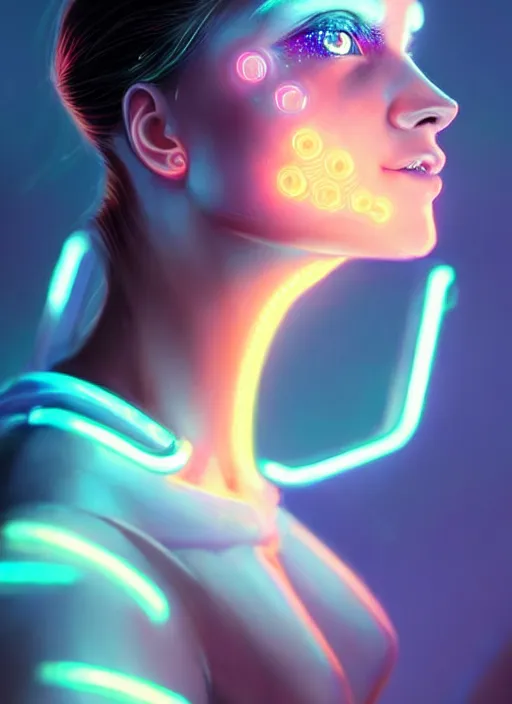 Prompt: photorealistic an american female humanoid with freckle cheeks, cyber neon lightings, futurism, cyberpunk high fashion, elegant profile pose, intricate details, crispy quality, digital photography, trending in artstation, trending in pinterest, no watermark signature, cinematic, 4 k ultra hd, art by artgerm, art by greg rutkowski, art by pascal blanche