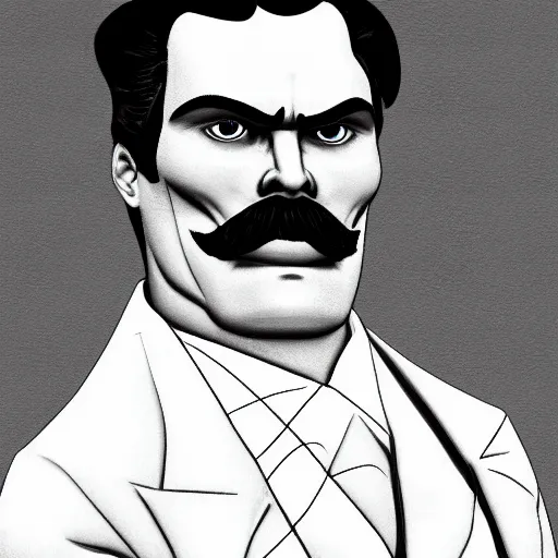 Prompt: the ultimate gigachad, incredibly muscular Friedrich Nietzsche, Friedrich Nietzsche with chiseled jawline, character art, trending on artstation