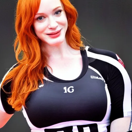 Prompt: Christina Hendricks as volleyball player, body, realistic,