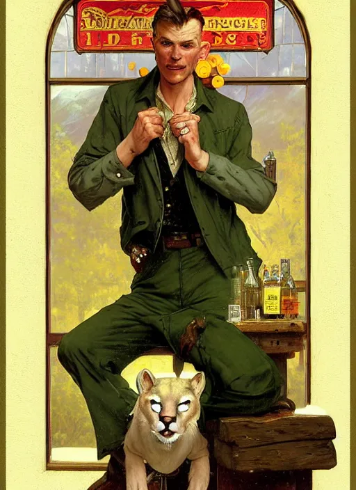 Prompt: beautiful portrait commission of a male furry anthro!!! albino mountain lion wearing a yellow button-down shirt, olive green slacks. Old-timey saloon. Atmospheric. Renowned character illustration by greg rutkowski, thomas kindkade, alphonse mucha, loish, norman rockwell. detailed, inked, western comic book art