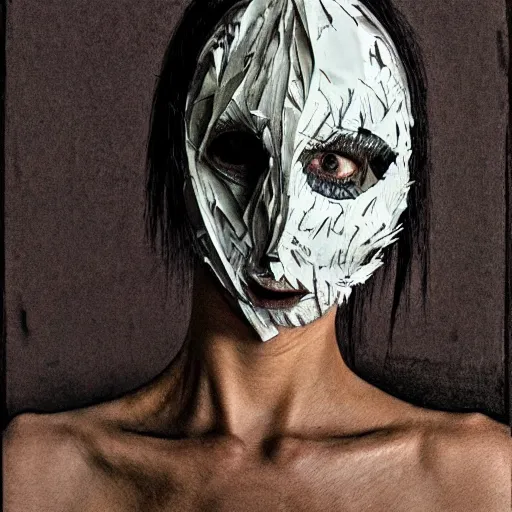 Image similar to face shredded like paper masks, horror, surreal, drawing, painting