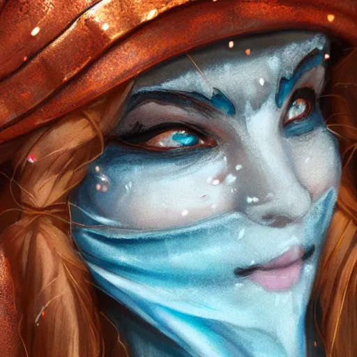 Image similar to bandit from ‘ icewind dale ’ and ‘ icewind dale heart of winter ’, with a frost blue gem mask lined with copper, ‘ icewind dale 2 ’ profile portrait by ‘ justin sweet ’, perfect face, pretty face, falling snow, soft focus, illustration, oil paint,