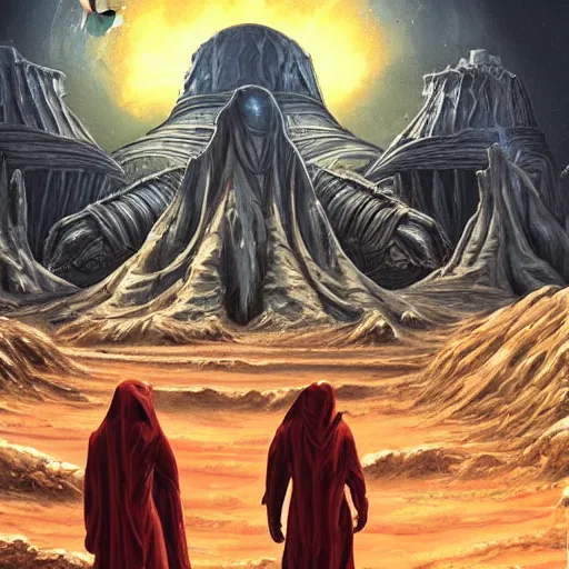 Prompt: robed extraterrestrial cultists on mars, massive alien temple in background, mike mignogna, highly detailed, oil painting, comic book cover, dark, rich colors, vintage sci fi, 1 9 8 0 s, 1 9 7 0 s, retrofuture, trending on artstation