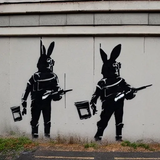 Image similar to photo of banksy graffiti depicting rabbits dressed as riot police