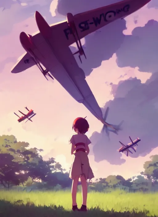 Image similar to girl stand on the playground, see a plane falling down towards the ground, view from below, illustration concept art anime key visual trending pixiv fanbox by wlop and greg rutkowski and makoto shinkai and studio ghibli