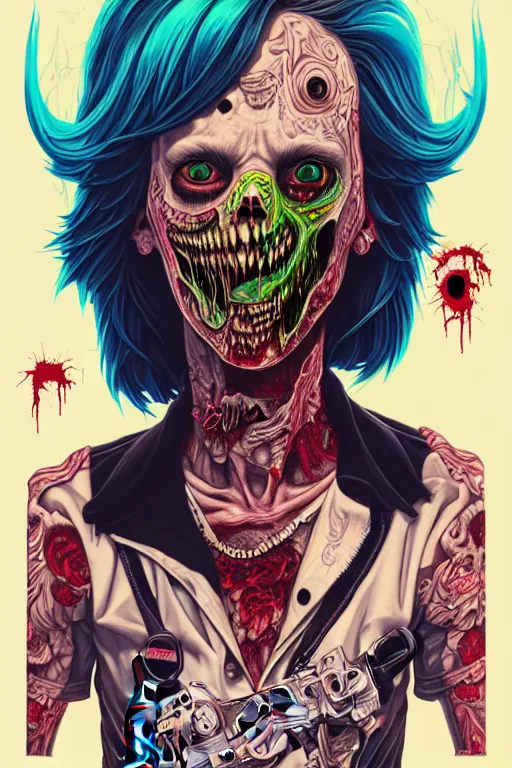 Image similar to zombie punk guitarist, tristan eaton, victo ngai, artgerm, rhads, ross draws, intricated details, 3 / 4 view, full body portrait