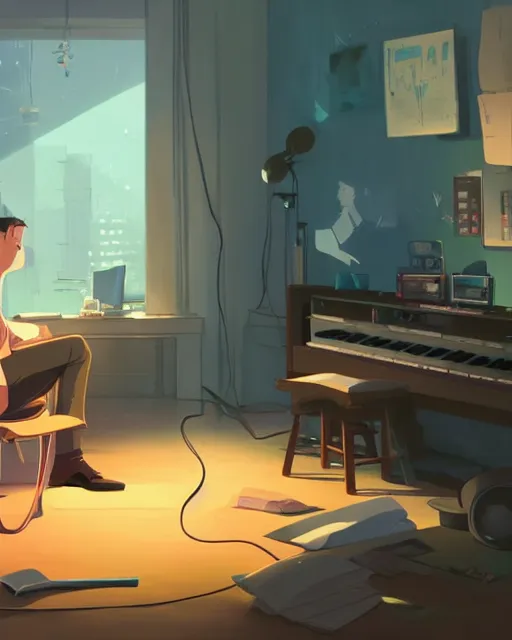 Prompt: producer making music late at night at his home studio, detailed, cory loftis, james gilleard, atey ghailan, makoto shinkai, goro fujita, studio ghibli, rim light, exquisite lighting, clear focus, very coherent, plain background, soft painting