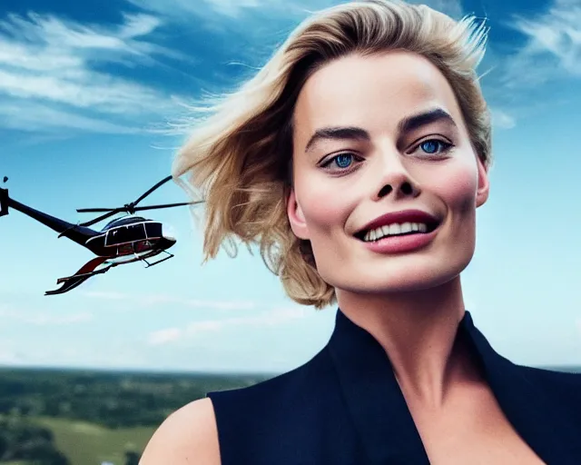 Prompt: a photo of margot robbie falling in the sky next to a helicopter, hyper realistic faces, beautiful eyes, cinematic, long shot, hyper detailed, 8 5 mm photograph, 8 k resolution, film still, sharp lens, wide lens