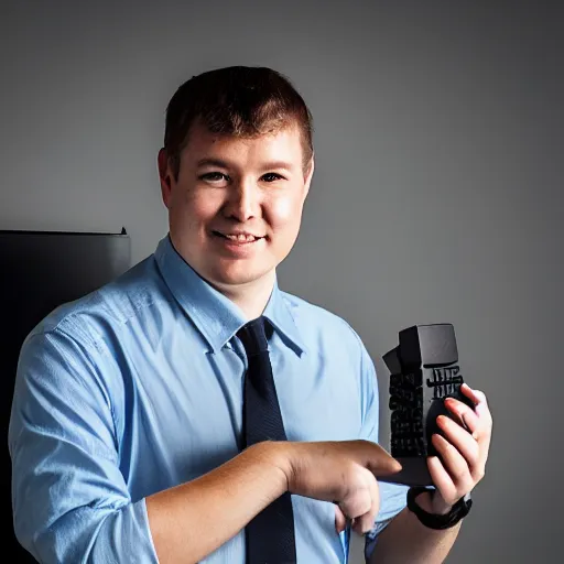 Image similar to Professional portrait photo of a man holding a mechanical keyboard, studio quality lighting