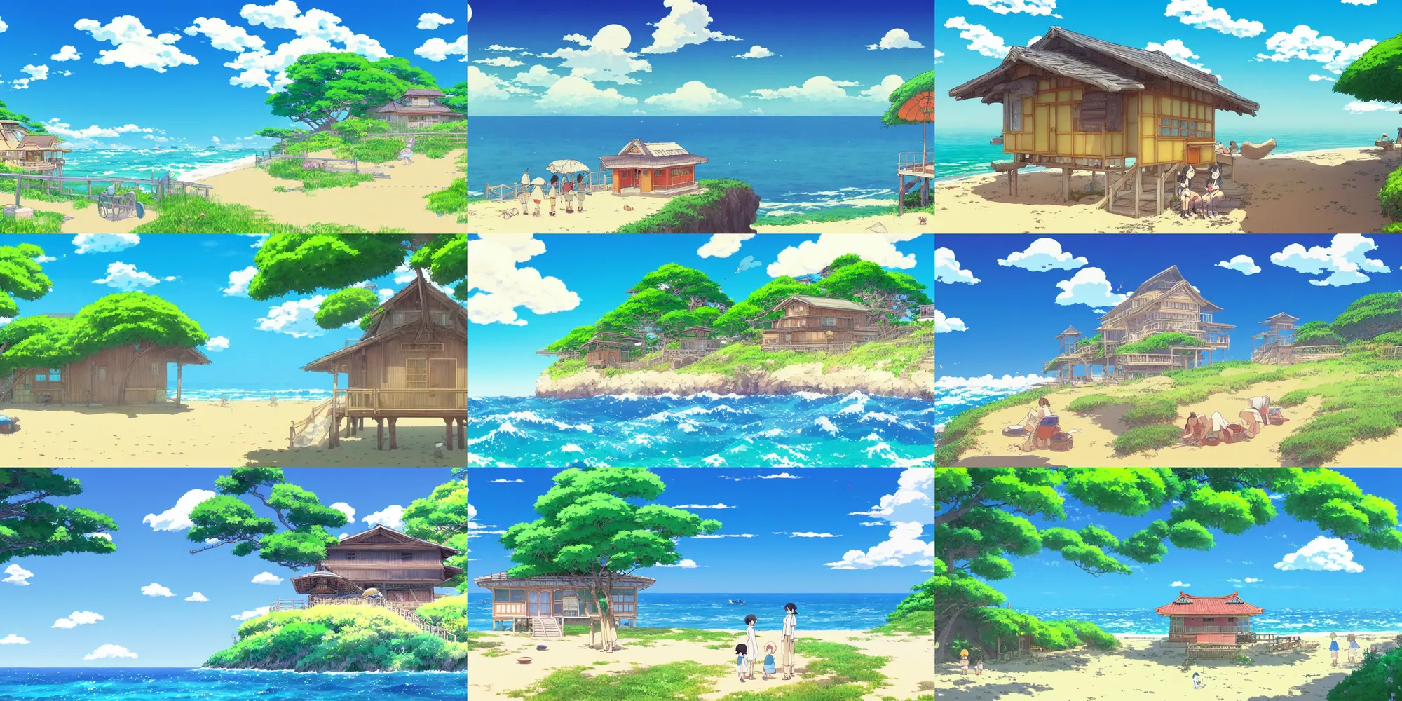 Prompt: atmospheric magical nostalgic summer's day storybook painting by studio ghibli of a japanese beach house on a sunny day by the ocean, in the anime film by Makoto Shinkai, shinkai wallpaper