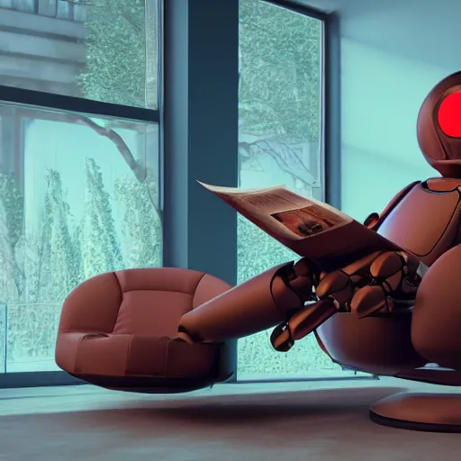 Image similar to futuristic lonely matte brown and red full-body humanoid robot with two huge round expressive sad LED eyes and open rectangular mouth sitting on a large comfortable cushioned 1950s vintage recliner reading a newspaper. open newspaper. Cinematic Movie Photograph, Arri Alexa, Extremely Detailed, smooth, very very clean, 8K, octane render, maya render, unreal engine, trending on artstation, DSLR, excellent composition, center frame