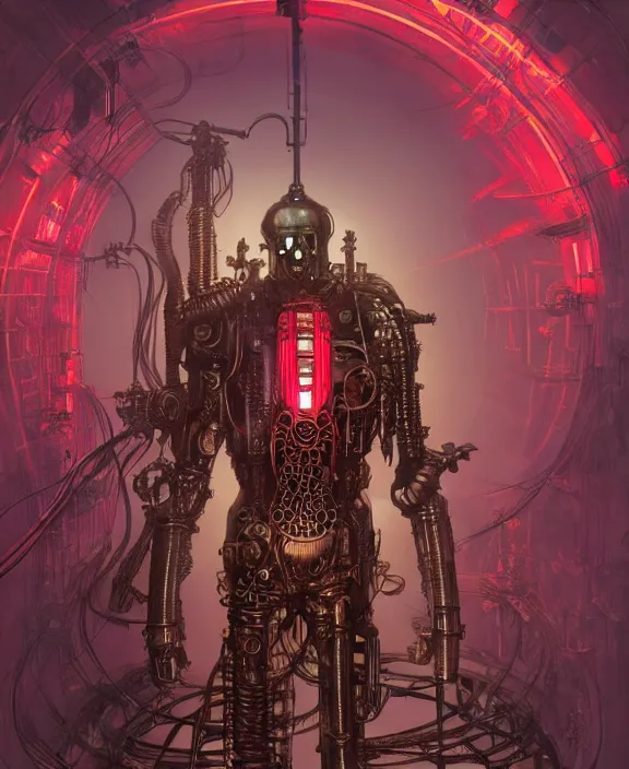 Prompt: steampunk style JoJo stand, red neon lights, evil armour, by HR Giger and Beksiński and Stephan Martiniere , 4k resolution, detailed, trending on artstation