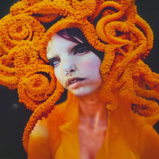 Image similar to realistic expired kodak film portrait of an angel woman tentacled creature mix, marigold celestial vibe, hyperrealism, hypermaxiymalism, photorealistic, detailed, atmospheric, 8 k, award winning photography, cinematic