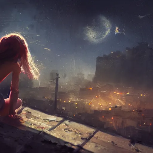 Image similar to A beautiful picture of a small suicidal girl against the background of a destroyed city and a yellow -red moon, artstation and Frederik Heyman, extremely detailed, stunning volumetric lighting, hyper realism, fantasy 4k