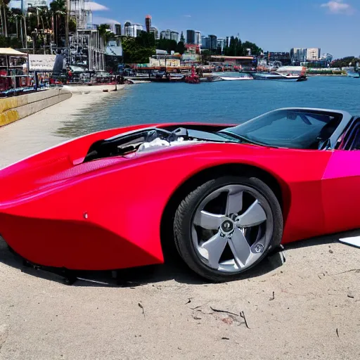 Image similar to professional high quality wide - angle image of a colorful sports car from the year 2 0 7 7. the car is badly damaged and crashed halfway headlong into the water at the stevedoring port. ( 2 0 7 7 kodachrome panavision ). the weather is very pretty. imax 7 0 mm, wide - angle.