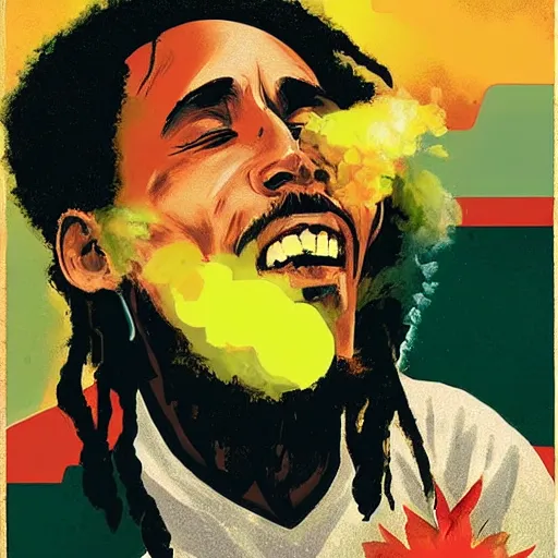 Prompt: Bob Marley smoking a spliff portrait, very detailed, large white border, hd, high resolution print :1 Green Red and Gold Tones by Sachin Teng + PACMAN23, trending on deviant art :1