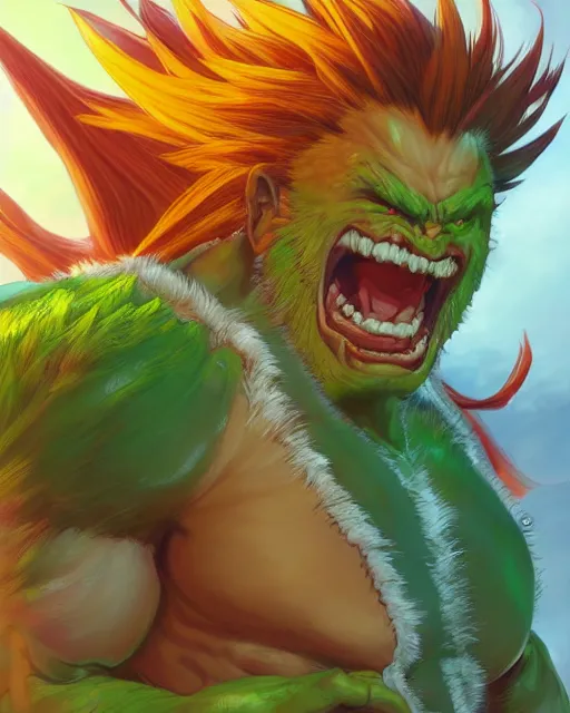 Image similar to An anime portrait of blanka from street fighter , by Stanley Artgerm Lau, WLOP, Rossdraws, James Jean, Andrei Riabovitchev, Marc Simonetti, and Sakimichan, highly detailed, ultra detailed, golden hour, trending on artstation, cgstudio