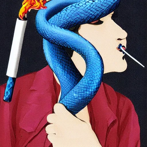 Image similar to blue snake smoking an oversized cigarette