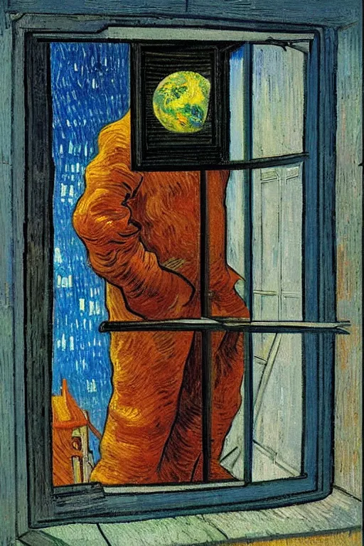 Image similar to a person looking from a window of a space station , colorful, beautiful, national geographic, very detailed, astrophotography, oil painting, canvas, Vincent van Gogh, Caspar David Friedrich, Theodor Kittelsen, Albert Bierstadt