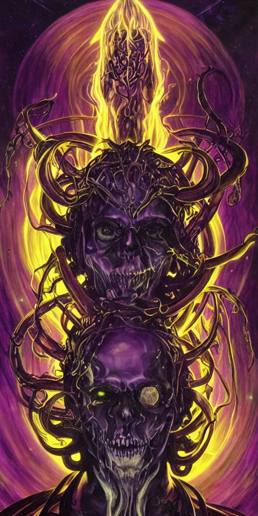 Image similar to intense glowing angry black metal pagan god with horns and tentacles and intense glowing eyes and a skull in very dark cosmic space by karol bak and artgerm and alphonse mucha, portrait, fantasy, clear, light beams, lens flare, intense, uhd, amazing depth, cinematic lighting, purple and violet and indigo and blue