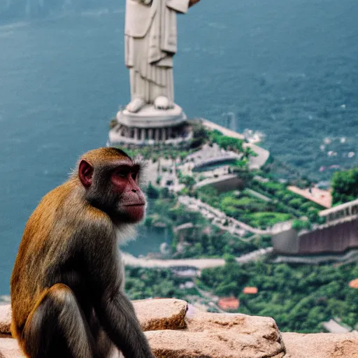 Image similar to high quality portrait of a monkey in front of Christ The Redeemer, studio photograph, photograph, realistic photo, 8k photo, 4k photo, stock photo, high resolution, cinematic shot, high detail