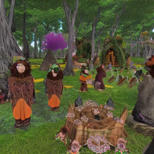 Image similar to a beatiful dwarven festival in a fertile green park with surreal elven nature, lots of gnome children, a gnome rock band concert and dwarven BBQ